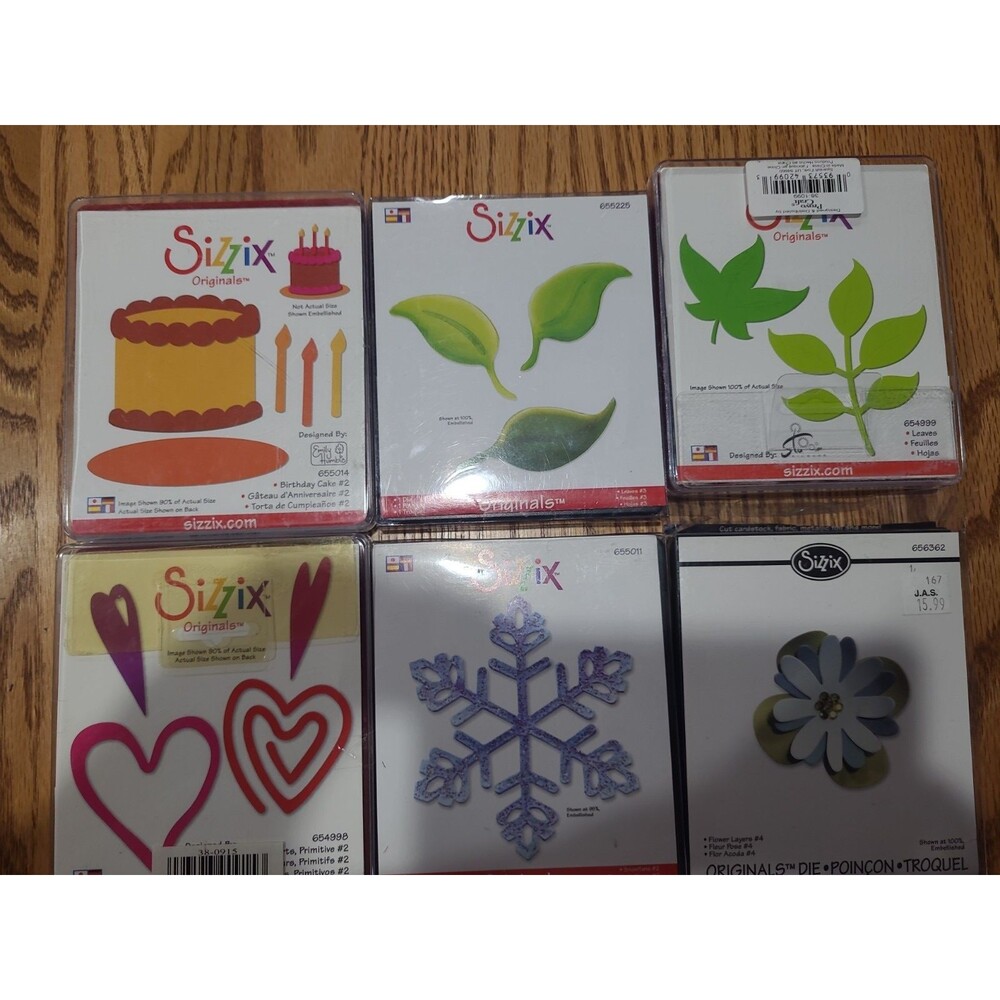 Lot of 6 Sizzix Originals Die Cutters Hearts, Leaves, Trees, Snow Flake & More